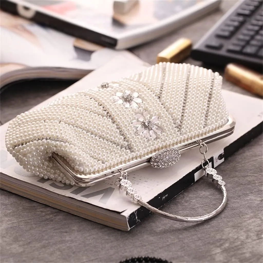 Women's Bag Clutch Bag with Handle Pearl Bag Dinner Party Bag Cocktail Light Colored Women's Bag(D)