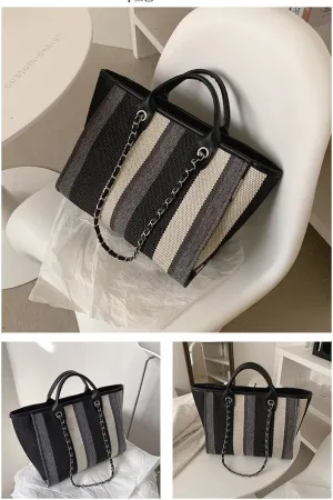 Women's Canvas Totes Chain Handbag Shoulder Crossbody Stripe Bag Beach Vacation Large Capacity Versatile Hobo Top Handle