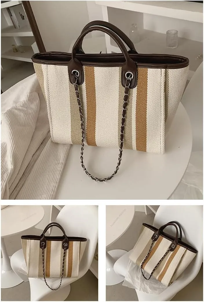 Women's Canvas Totes Chain Handbag Shoulder Crossbody Stripe Bag Beach Vacation Large Capacity Versatile Hobo Top Handle