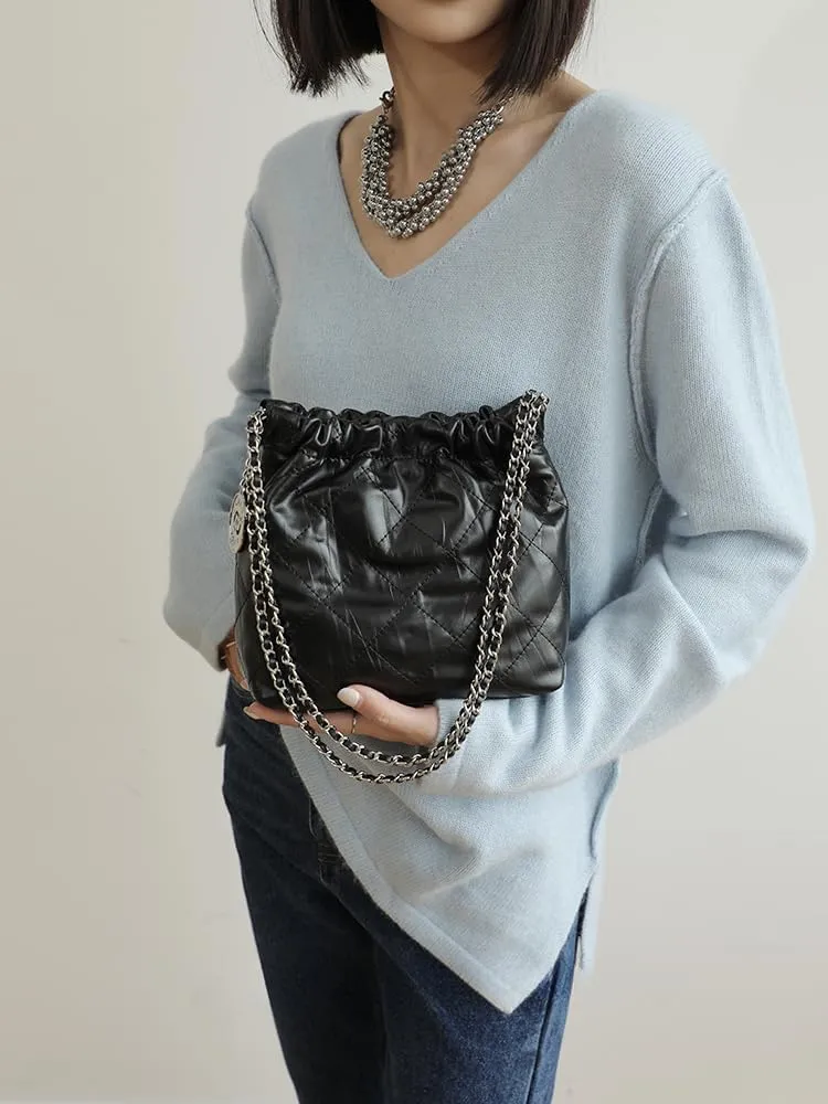 Women's Cowhide Chain Silver Ball Cloud Trash Bag Hangbag Shoulder Crossbody Totes Bucket Bag Versatile Hobo Chis Stylish