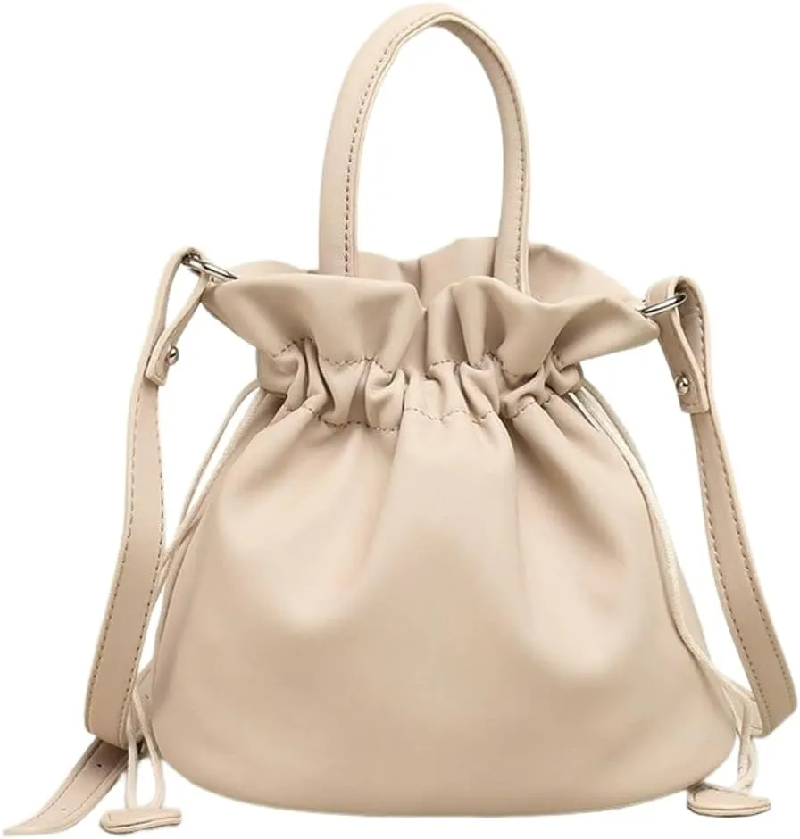 Women's Drawstring Bucket Bag Soft Leather Pleated Pop Fashion One-shoulder Cross-body Bag Vintage Versatile Tote Bag