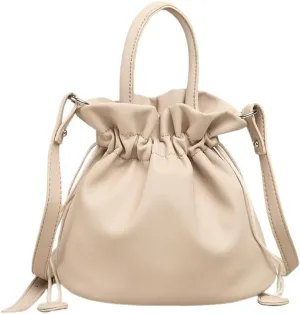 Women's Drawstring Bucket Bag Soft Leather Pleated Pop Fashion One-shoulder Cross-body Bag Vintage Versatile Tote Bag