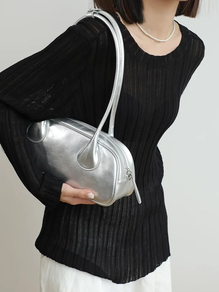 Women's Leather Cowhide Shoulder Crossbody Armpit Bag Vintage Bowling Bag Large Capacity Handbag Hobo Versatile Stylish