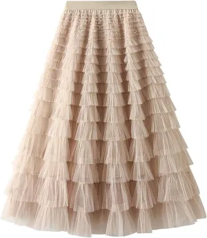 Women's Pleated A-Lined Skirts 2024 Summer Versatile High Waisted Midi Skirt Multi-Layer Puffer Flared Cake Skirt