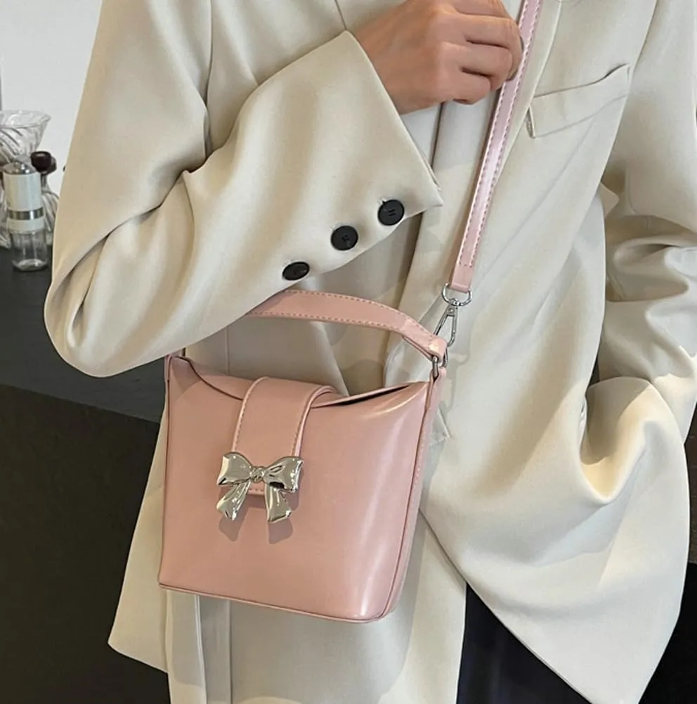 Women's Trendy Shoulder Bag Cute Bowknot Hobo Crossbody Bags Bucket Purse Casual Handbag