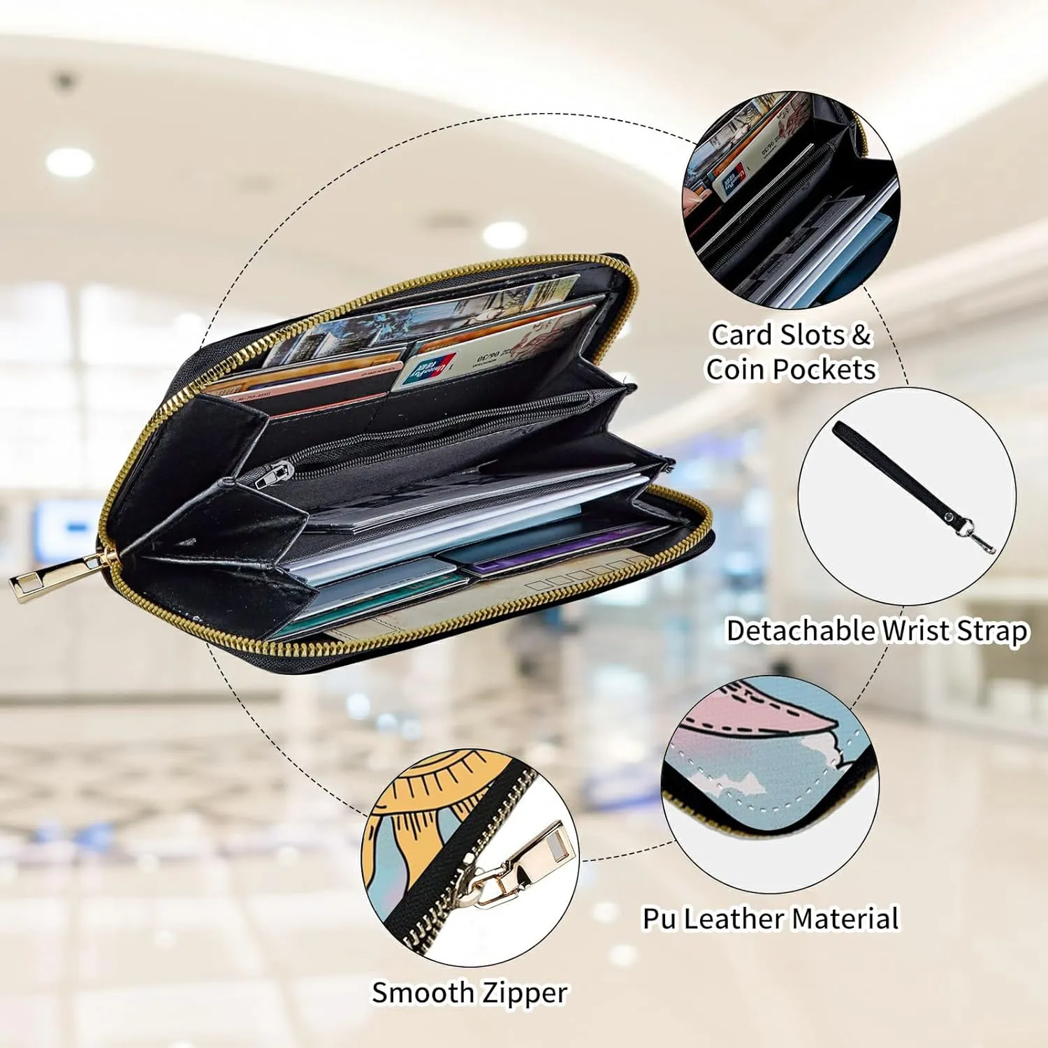 Womens Wallet, Large Capacity RFID Blocking PU Leather Wristlet Wallets for Women Ladies Men Credit Card Holder Zipper Wallet Phone Holder Clutch Travel Purse, Art Sun Moon