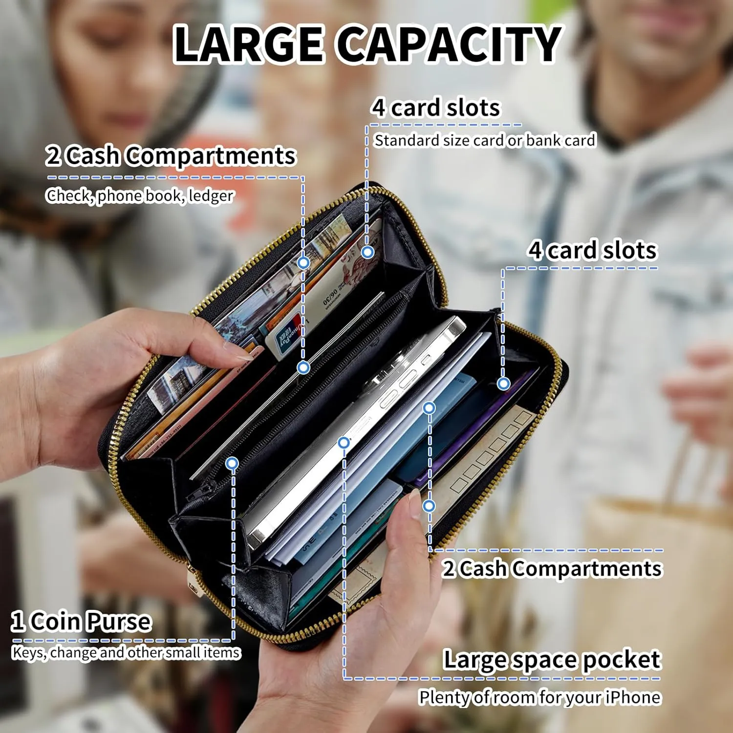Womens Wallet, Large Capacity RFID Blocking PU Leather Wristlet Wallets for Women Ladies Men Credit Card Holder Zipper Wallet Phone Holder Clutch Travel Purse, Art Sun Moon