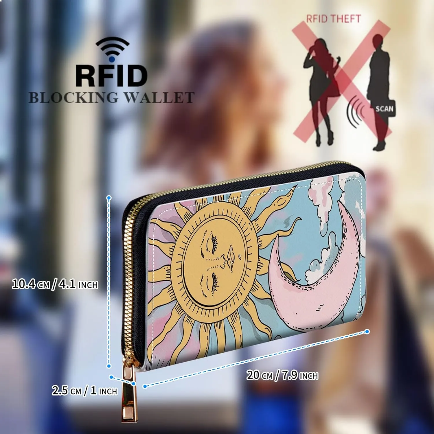 Womens Wallet, Large Capacity RFID Blocking PU Leather Wristlet Wallets for Women Ladies Men Credit Card Holder Zipper Wallet Phone Holder Clutch Travel Purse, Art Sun Moon