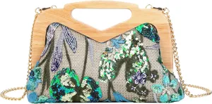 Wooden Handle Sequin Embroidered Floral Handbag with Detachable Strap Evening Bag for Wedding Party