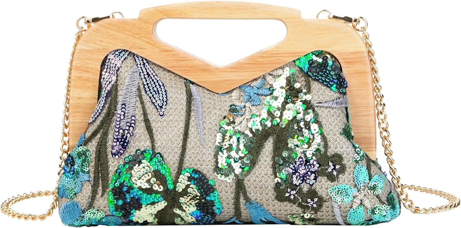 Wooden Handle Sequin Embroidered Floral Handbag with Detachable Strap Evening Bag for Wedding Party