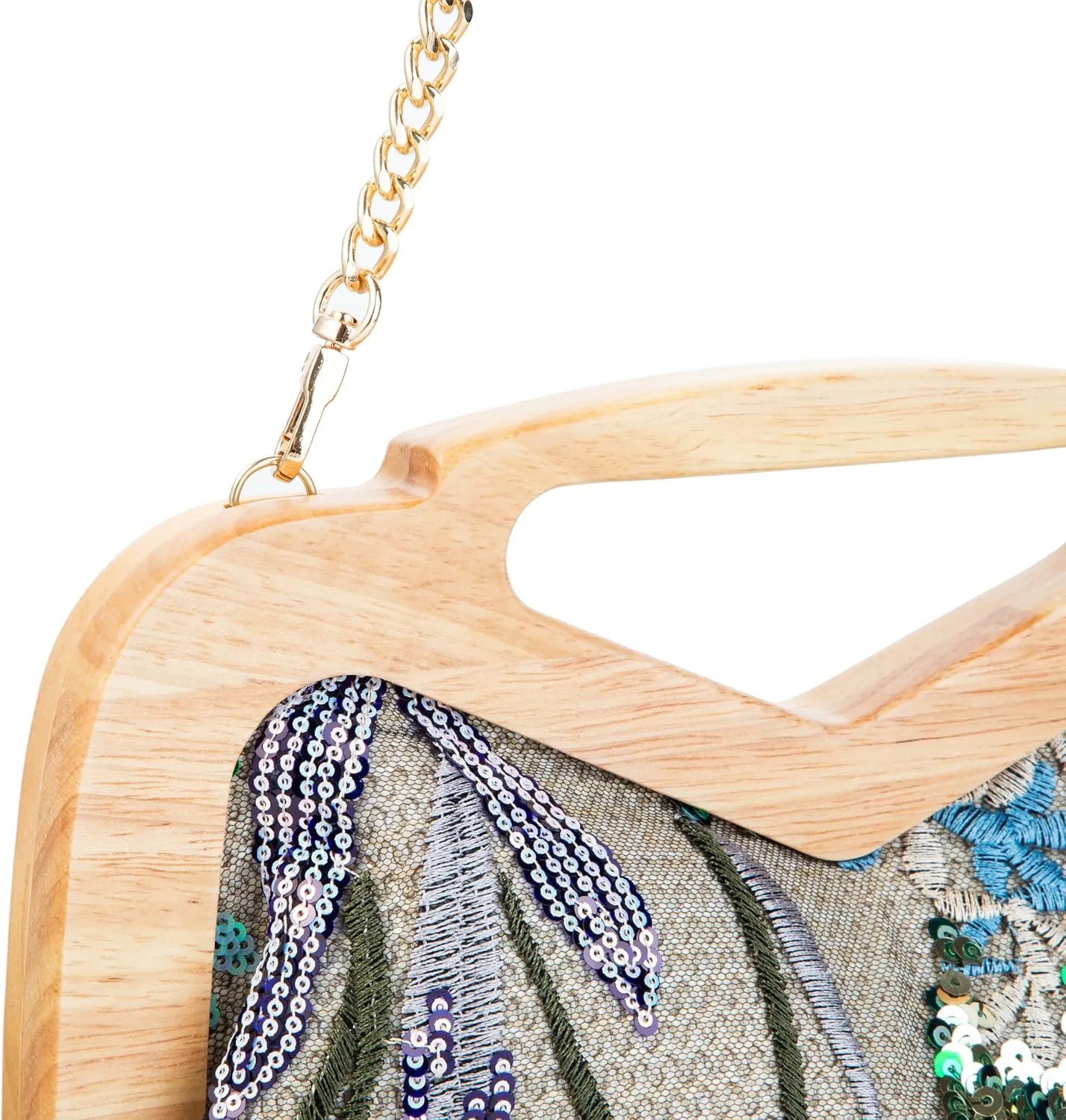 Wooden Handle Sequin Embroidered Floral Handbag with Detachable Strap Evening Bag for Wedding Party