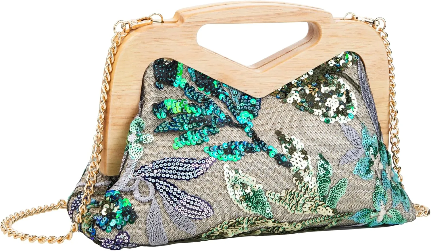Wooden Handle Sequin Embroidered Floral Handbag with Detachable Strap Evening Bag for Wedding Party