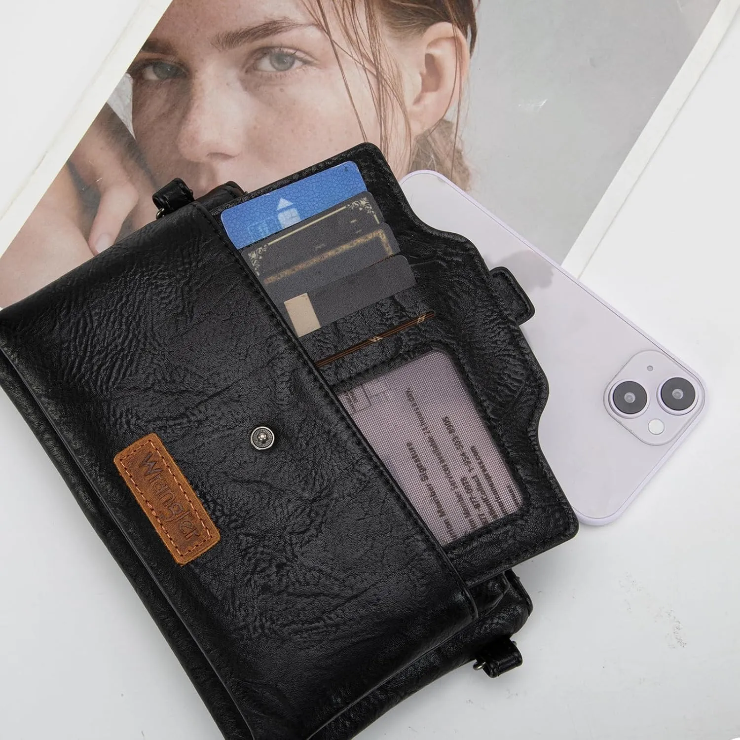 Wrangler Distressed Crossbody Purses for Women Multi-function Card Holder Wallet Small Purse with Double Zipper