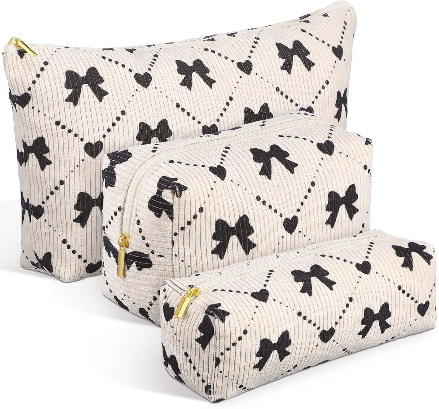 Xuniea 3 Pcs Corduroy Makeup Bag Set for Women Coquette Bow Cosmetic Pouch Preppy Pencil Case Large Toiletry Bags Portable Travel Toiletry Versatile Zipper Pouch for Women