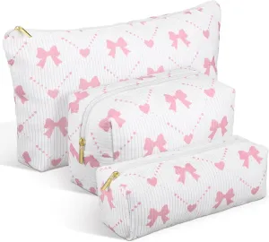 Xuniea 3 Pcs Corduroy Makeup Bag Set for Women Coquette Bow Cosmetic Pouch Preppy Pencil Case Large Toiletry Bags Portable Travel Toiletry Versatile Zipper Pouch for Women