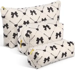 Xuniea 3 Pcs Corduroy Makeup Bag Set for Women Coquette Bow Cosmetic Pouch Preppy Pencil Case Large Toiletry Bags Portable Travel Toiletry Versatile Zipper Pouch for Women