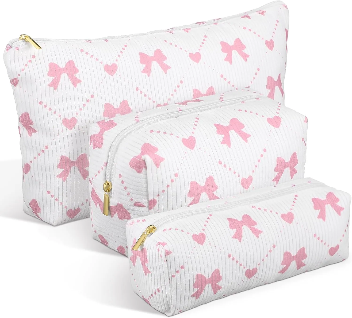 Xuniea 3 Pcs Corduroy Makeup Bag Set for Women Coquette Bow Cosmetic Pouch Preppy Pencil Case Large Toiletry Bags Portable Travel Toiletry Versatile Zipper Pouch for Women