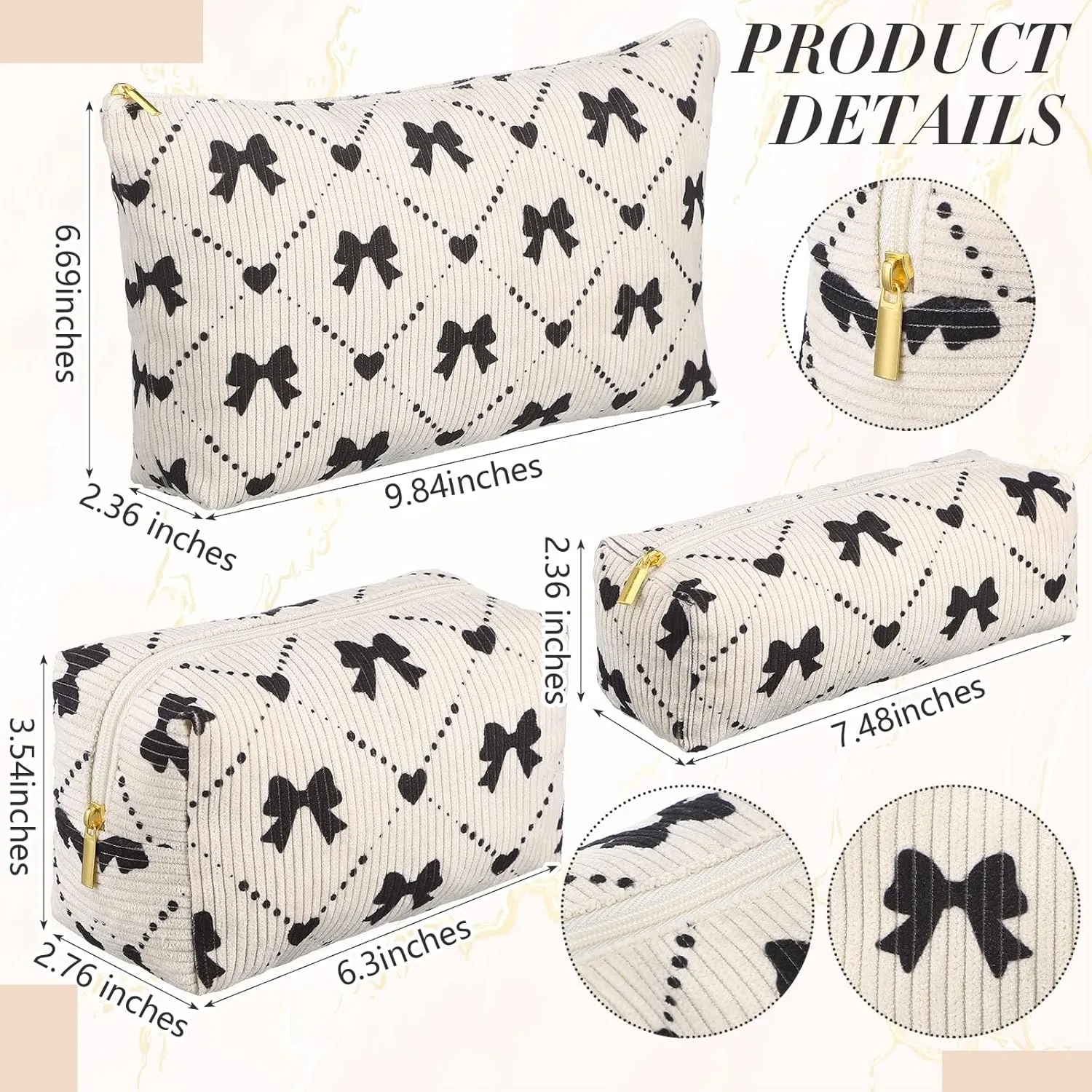Xuniea 3 Pcs Corduroy Makeup Bag Set for Women Coquette Bow Cosmetic Pouch Preppy Pencil Case Large Toiletry Bags Portable Travel Toiletry Versatile Zipper Pouch for Women