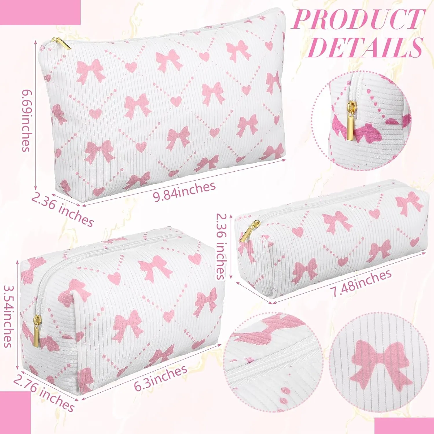 Xuniea 3 Pcs Corduroy Makeup Bag Set for Women Coquette Bow Cosmetic Pouch Preppy Pencil Case Large Toiletry Bags Portable Travel Toiletry Versatile Zipper Pouch for Women